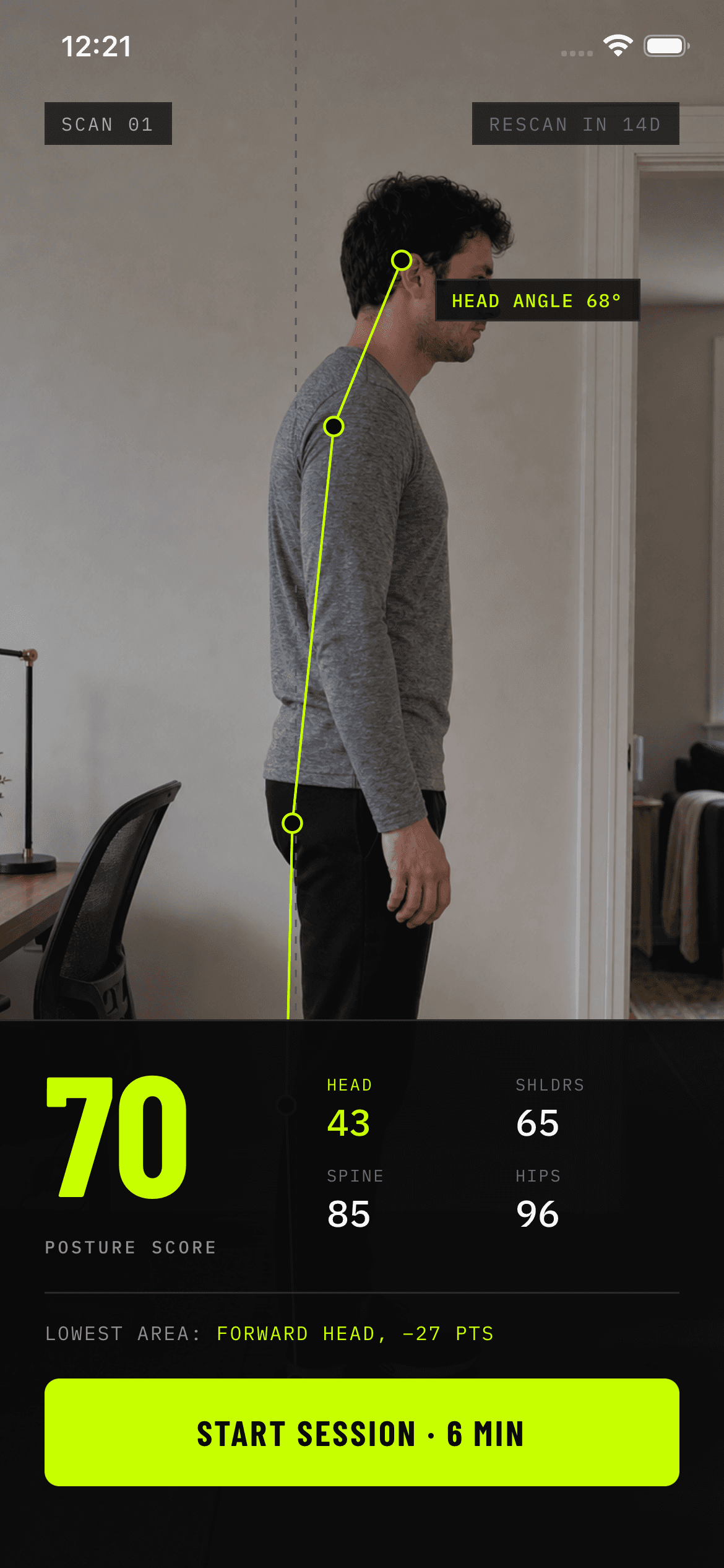 The PostureMaxx score reveal showing a posture score, four area scores, and a six-minute session button