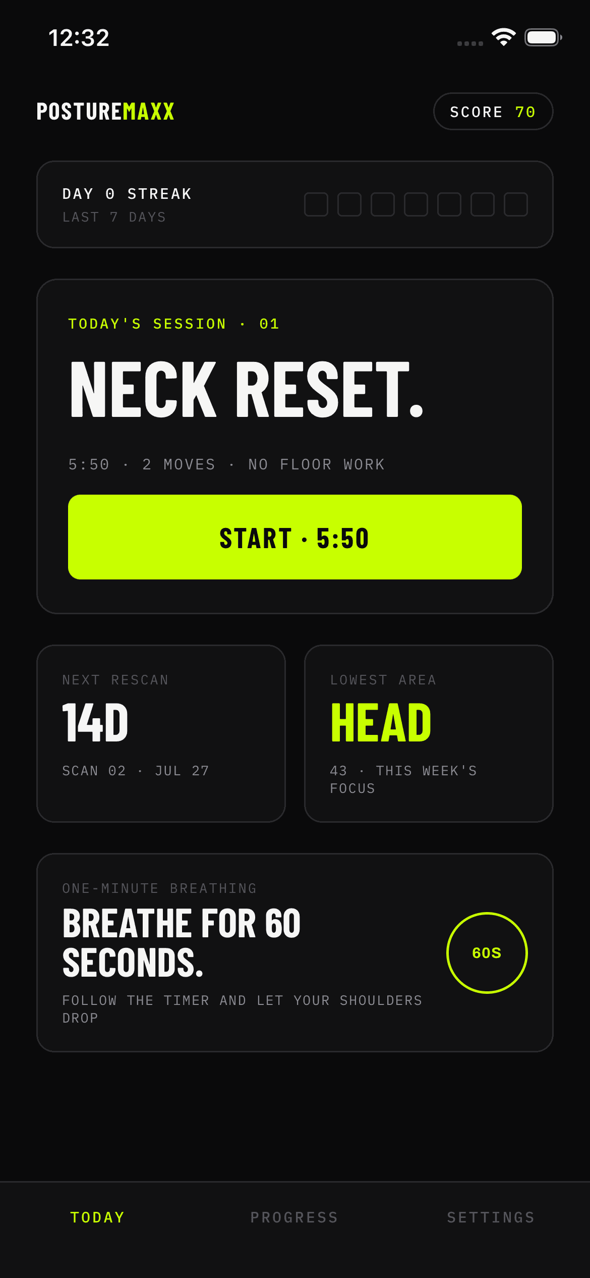The PostureMaxx Today screen showing a neck reset session, rescan countdown, and lowest area