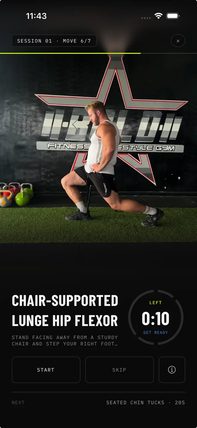 A real PostureMaxx guided session showing a chair-supported lunge hip flexor exercise, timer and next move